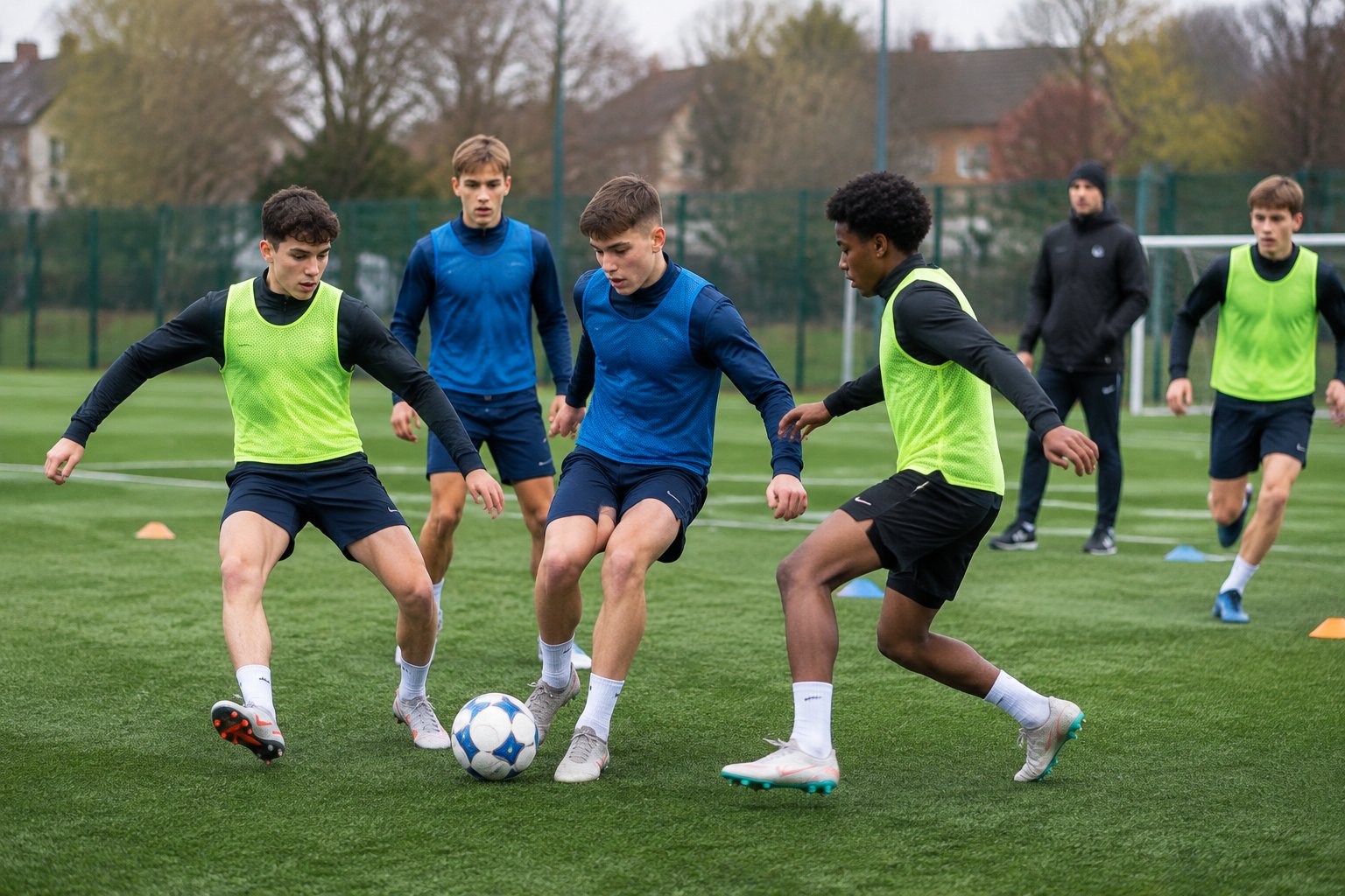 Youth football players close down an opponent to win back possession during training.
